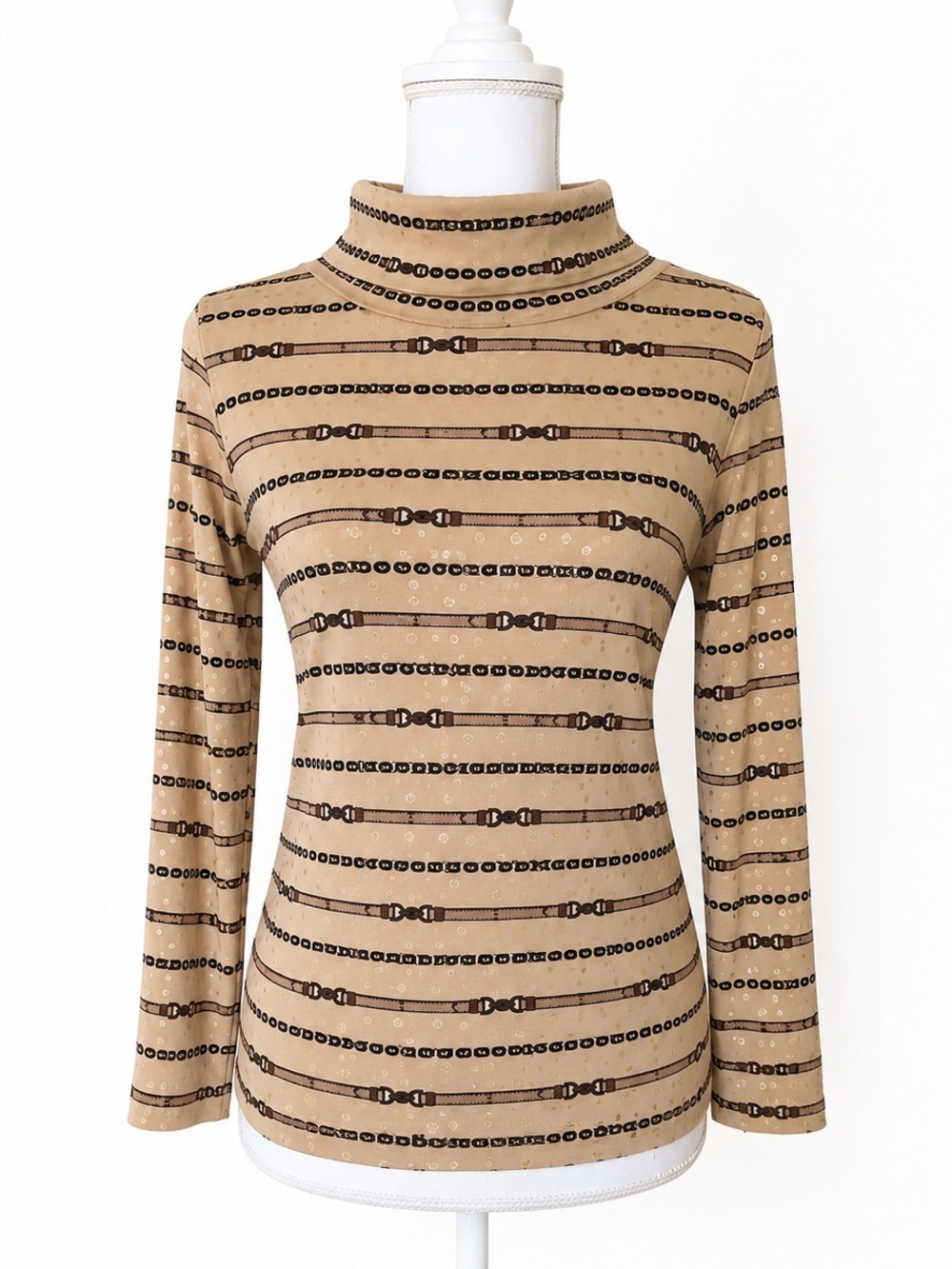 Jus d’Orange Paris Sequin Belt Print Side-Slit Stretch Turtleneck Top Small
